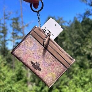 COACH Mini Skinny ID Case Cardholder Keychain Wallet Signature Rainbow Print NWT